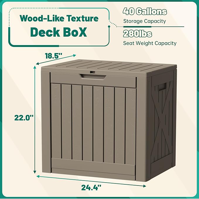 Devoko 40 Gallon Deck Box Outdoor Storage Box Waterproof for Patio, Large Outdoor Storage Bench Lockable for Outside (Brown, 40 Gallon)