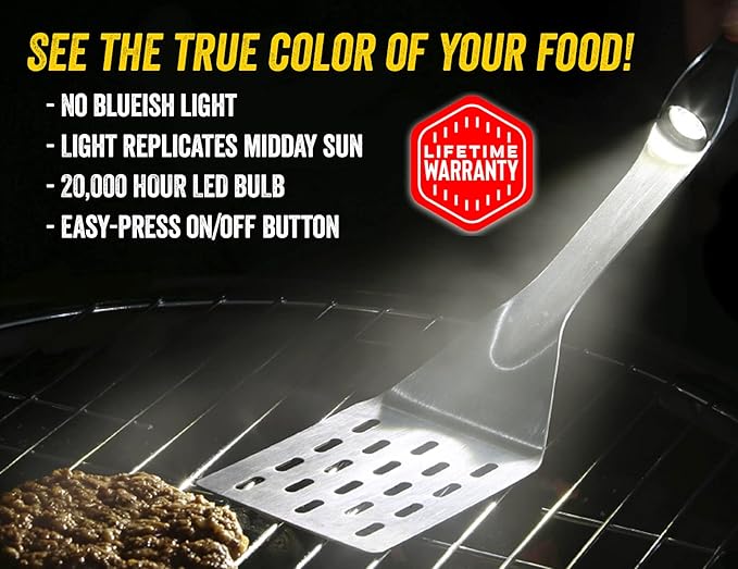 Grill Light Stainless Steel BBQ Grilling Spatula with LED Flashlight - Thick Restaurant Grade Steel - Waterproof & Dishwasher Safe - Grill in The Dark - Camping Barbeque Grilling Spatula