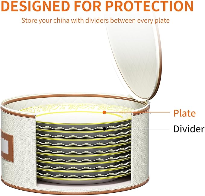 Aokeyee 4 Pcak China Storage Containers, Hard Shell Plates Storage Box with 48 Soft Divider for Saucer, Dessert, Salad, Dinner, Sturdy Quilted Stackable Dish Organizer for Moving & Protection, Ivory