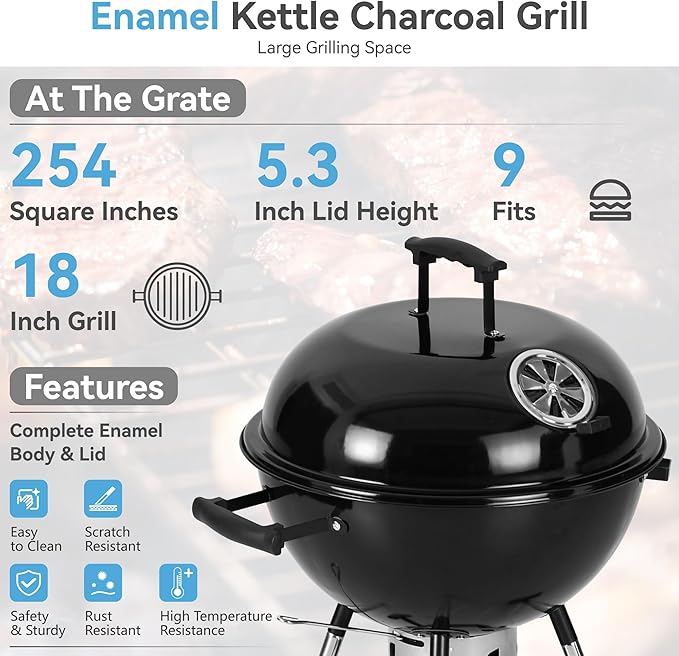 MFSTUDIO 18" Kettle Charcoal Grill, Portable Porcelain-Enameled BBQ Grill with Slide Out Ash Catcher for Outdoor Barbecue Cooking, Black