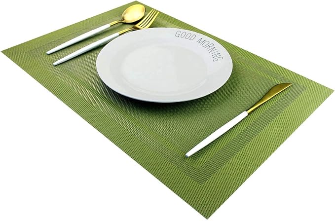 PIGCHCY Heat Insulation Non Slip Plastic Placemats,Washable Easy to Clean Woven Vinyl Kitchen Stain Resistant Placemats for Dining Table Set of 4 (Olive Green)