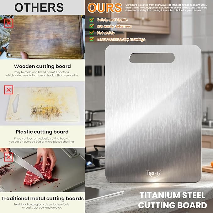 2 Pack Titanium Cutting Board,-100% Pure Titanium Cutting Boards For Kitchen,Easy to clean, Double-sided food-grade Cutting Board For Cutting Meats, Fruits And Vegetables(18 * 12)