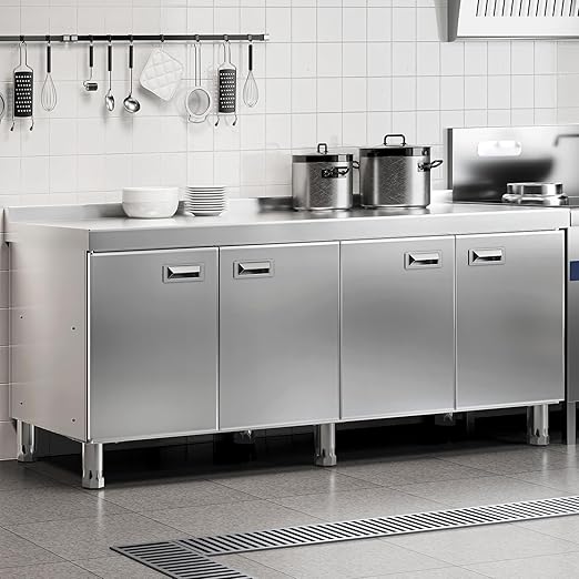 KINGBO 66.9" Stainless Steel Table Cabinet Heavy Duty Prep Table with 304 Stainless Steel Worktop Commercial Worktable Workbench with Storage Cabinet for Kitchen Garage Restaurant Outdoor
