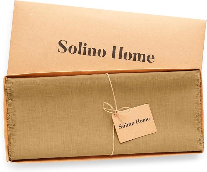 Solino Home Fringe Linen Table Runner 108 Inches Long - 100% Pure Linen Camel Dining Table Runner 14 x 108 Inch