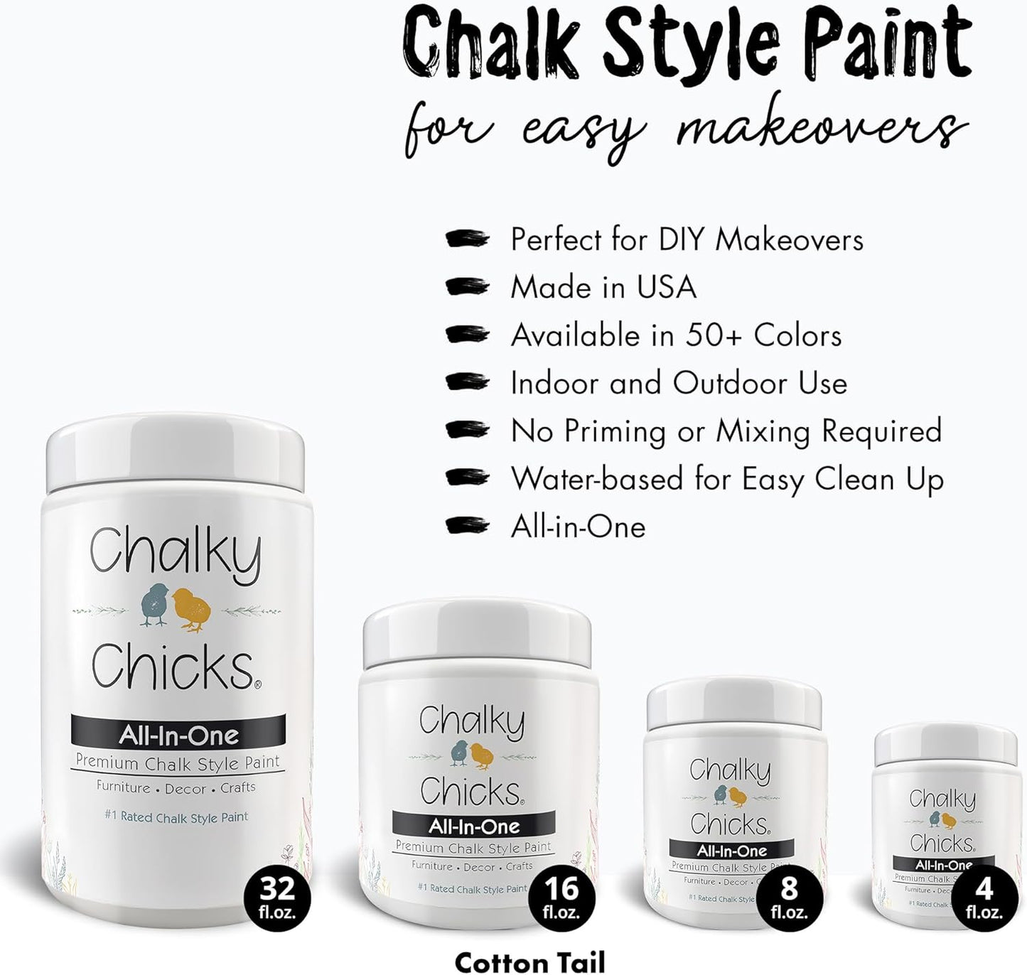 Chalky Chicks All-in-One Chalk Paint for Furniture or Cabinet - 16 Fl Oz - Matte Finish CottonTail White for Metal, Wood Furniture Paint - No Sanding All-in-One for Home Decor & Crafts, USA Made