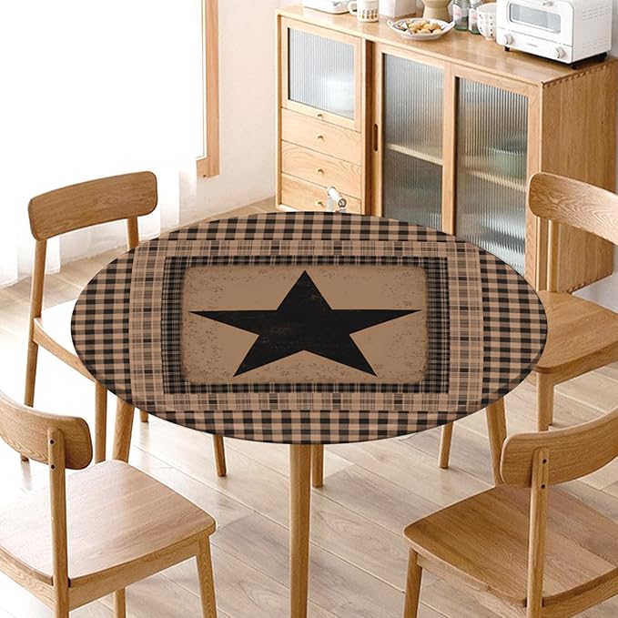 Western Texas Star Round Fitted Tablecloth with Elastic Vintage Black Brown Plaid Circle Table Cover for 44-48" Round Tables Stretch Waterproof Rustic Country Table Cloth for Kitchen Dining Patio