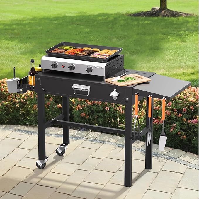 Portable Grill Table for Blackstone Griddle, 31" W x 17" D Folding Cart Stand, Adjustable Table With Paper Towel Holder, Fits 17"/22"/32" Large Space