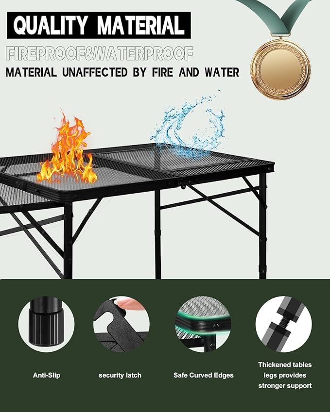 4ft Folding BBQ Table with Wing Plate, Height Adjustable Metal Table with Small Charcoal Grill, Portable Outdoor Table Removable to Two Tables (Bright Black)