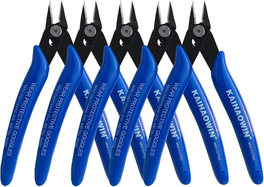 KAIHAOWIN Micro Wire Cutters with Spring, 5 Pack, 5 inch Precision Mini Flush Cutters Bulk, Nippers, Flush Cutting Pliers, Wire Snips, Small Side Cutters for Electronics Crafts Jewelry-Blue