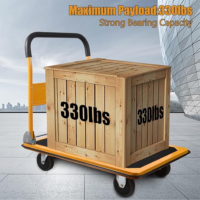 LEADALLWAY Foldable Push Cart Platform Cart 330lbs Capacity 4 Wheels 28.7x18.5x32.3inches Yellow with 2 Ropes Small Flatbed Cart