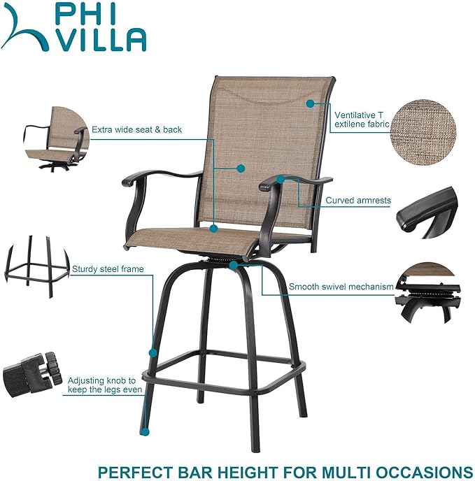 PHI VILLA 3 PCS Patio Swivel Bar Set Outdoor Furniture Bar Height Bistro Set, 2 Bar Stools and 1 Table, High Top Table and Chairs Set of 2 for Garden Porch Backyard