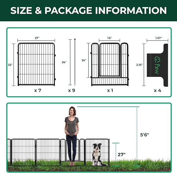 FXW Garden Fence Outdoor for The Yard – 32in(H) x 18.2ft(L) Heavy Duty Metal Animal Barrier for Dog and Rabbit, Decorative Dog Fence with Fence-to-Wall Anchor (Pack of 4), 8 Panels, Black