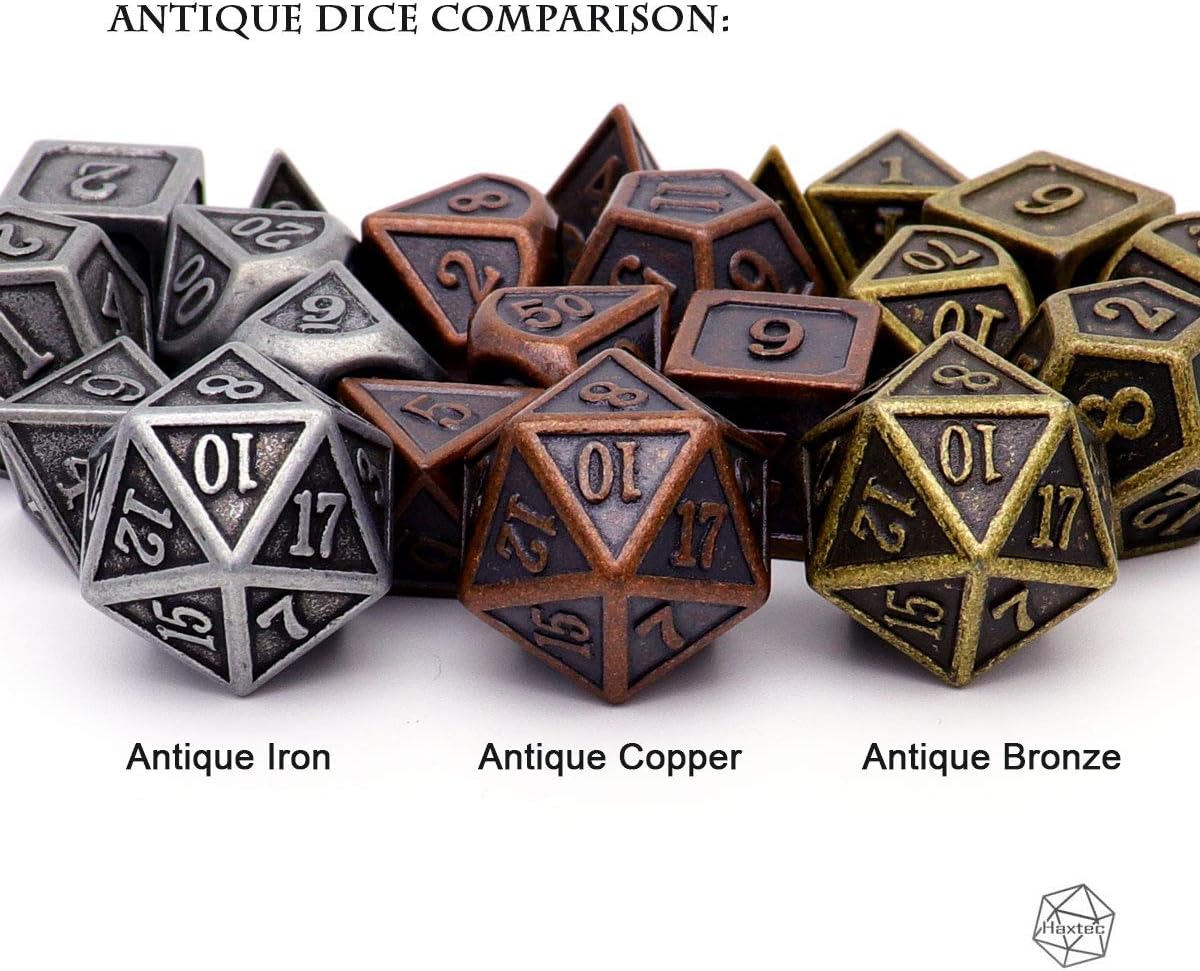 Haxtec Antique Copper Metal DND Dice Set 7 Die Polyhedral D&D Dice Compatible with Dungeons and Dragons Gift TTRPG