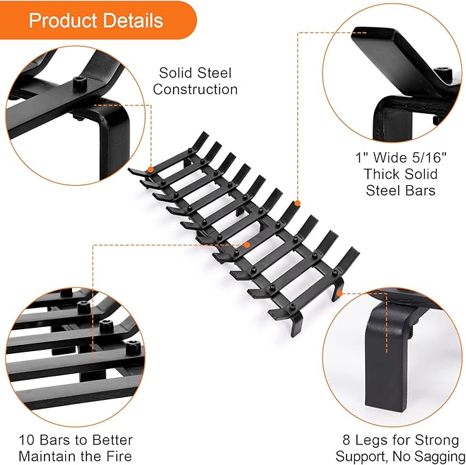 24" Fireplace Grate Wood Stove Grate Rack Fireplace Tools Rack Heavy Duty Solid Steel 10-Bars Log in Holder Easy Assembly Fire Grate for Indoor Hearth Outdoor Firepit Matt Black