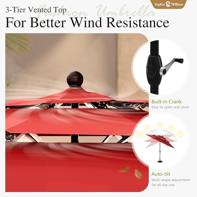 Sophia & William Metal Outdoor Patio Dining Set 6 PCS with 10ft 3 Tier Auto-tilt Umbrella(Orange Red), 4 x Metal Outdoor Chairs, 1 x Square 37"x 37" Dining Table and 1 Patio Umbrella