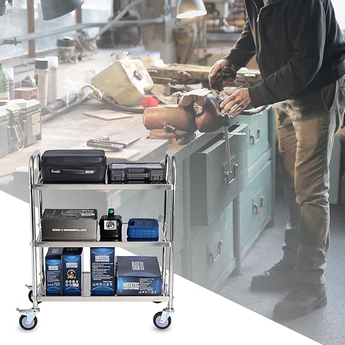 3 Shelf Stainless Steel Cart, 420 lbs, 1MM Thick, Serving With Wheels, Household Service Trolley, 360 Rotation Storage Shelf With Locking Wheels (29.5*15.8*37.4)'' Utility