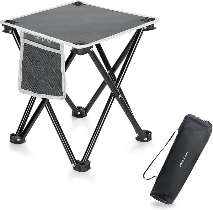 Triple Tree 1 Pack Folding Camping Stool, 13.8 Inch Small Portable Lightweight Stool with Side Pocket, Foot Stool with Carry Bag for Hiking, Fishing and Beach, Hold up to 400lbs, Grey