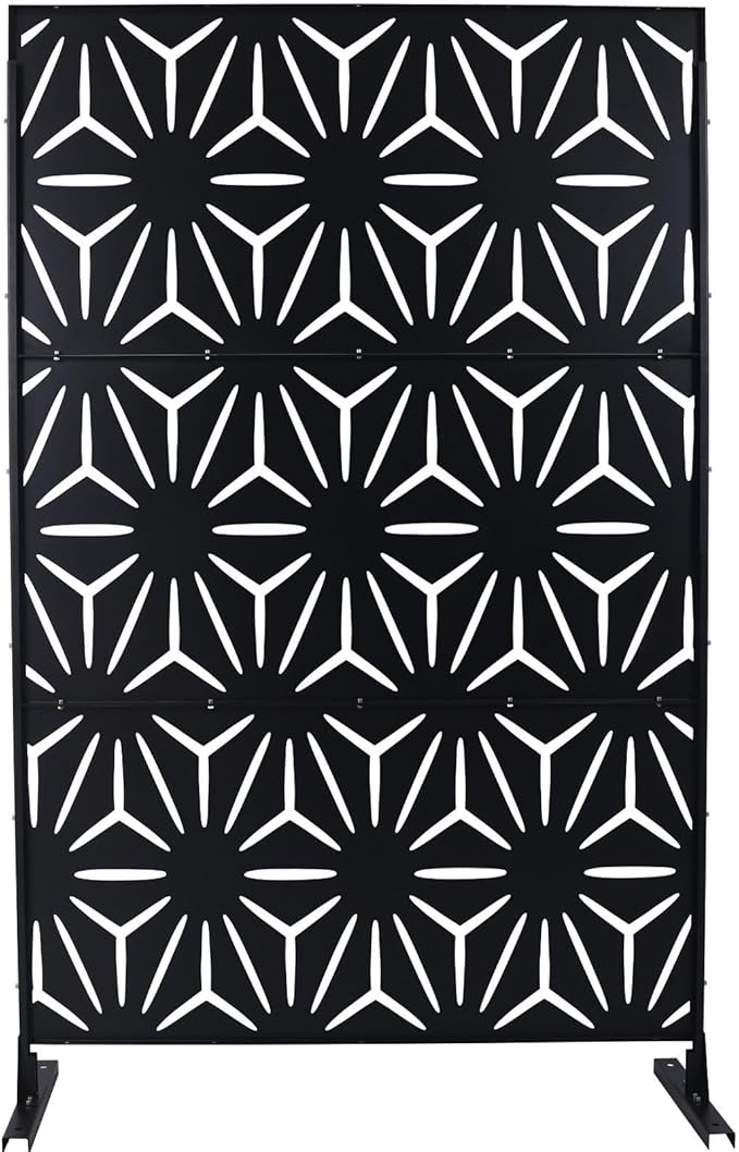 Outdoor Privacy Screen, 76" H x 48" W Decorative Metal Panel, Steel Privacy Divider with Freestanding Base, Ideal for Garden, Patio, or Balcony, Black