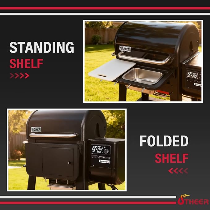 Utheer Front Folding Grill Table for Weber Searwood 600 – 23" x 14" Large Front Shelf with Stainless Steel Basin, Works Cutting Board, Lid & 5 Hooks, Heavy-Duty Weber Searwood 600 Accessories