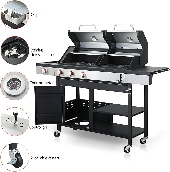 Gas and Charcoal Combo Grill, 37230 BTU 2-in-1 Outdoor BBQ, Dual Zone Cooking with Thermometer, Locking Wheels & Foldable Side Table for Patio and Garden Use(3+1 Burner + Charcoal grill)
