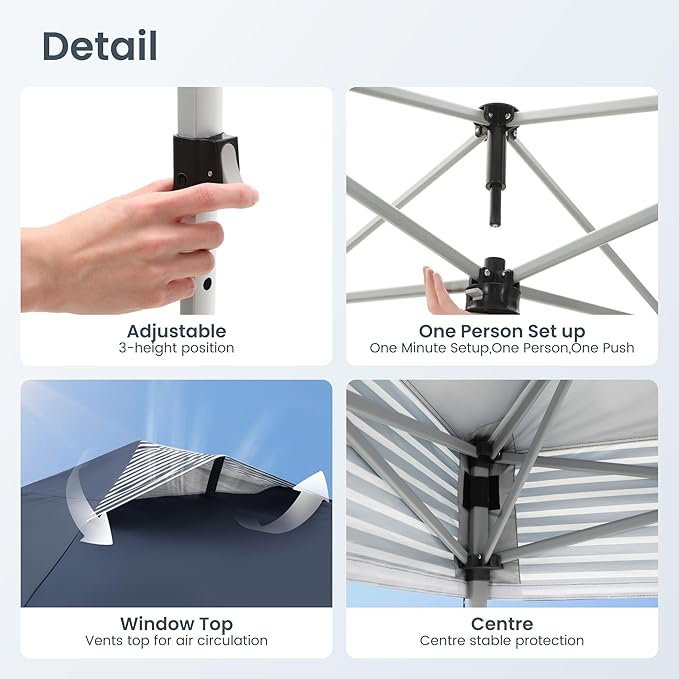 PHI VILLA 10x10 Pop Up Canopy Tent with Sidewalls - Easy Up Tent with Mesh Windows for Ventilation, Waterproof Design - Ideal for Parties, Beach, and Outdoor Events (Navy Stripe)