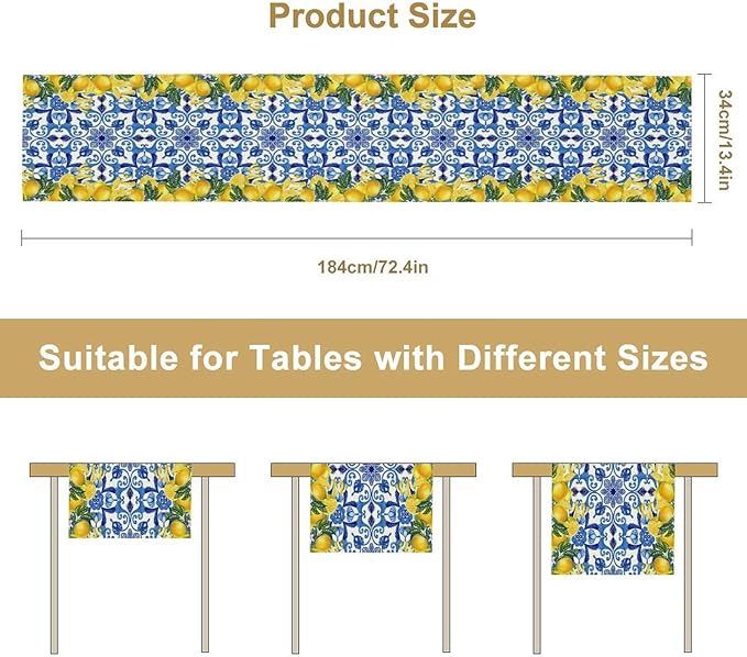 Blue Lemon Table Runner, Italy Tile Yellow Lemon Fruit Table Runners for Farmhouse Coffee Home Kitchen Dining Party Patio Indoor Outdoor 13x108in