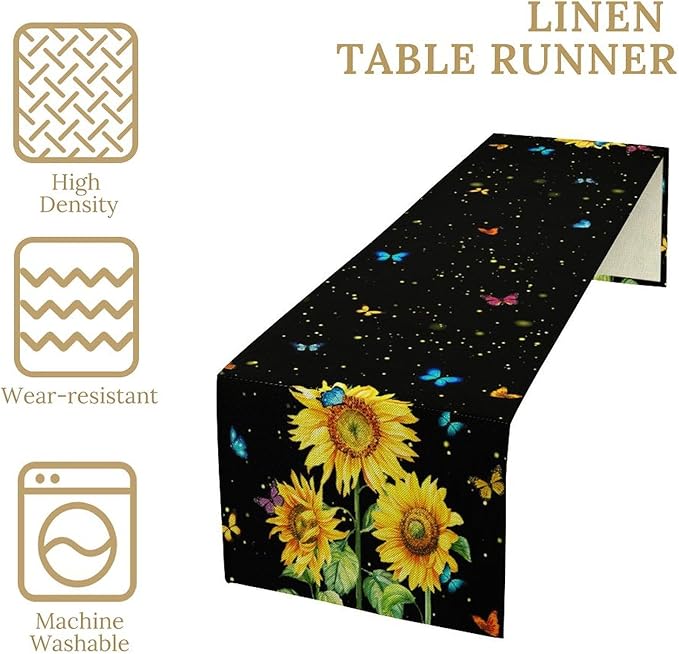 Farmhouse Sunflower Table Runner, Black Starry Spring Yellow Flowers Botanical Butterfly Table Runners for Dining Kitchen Holiday Party Table Decor, 13x70inch