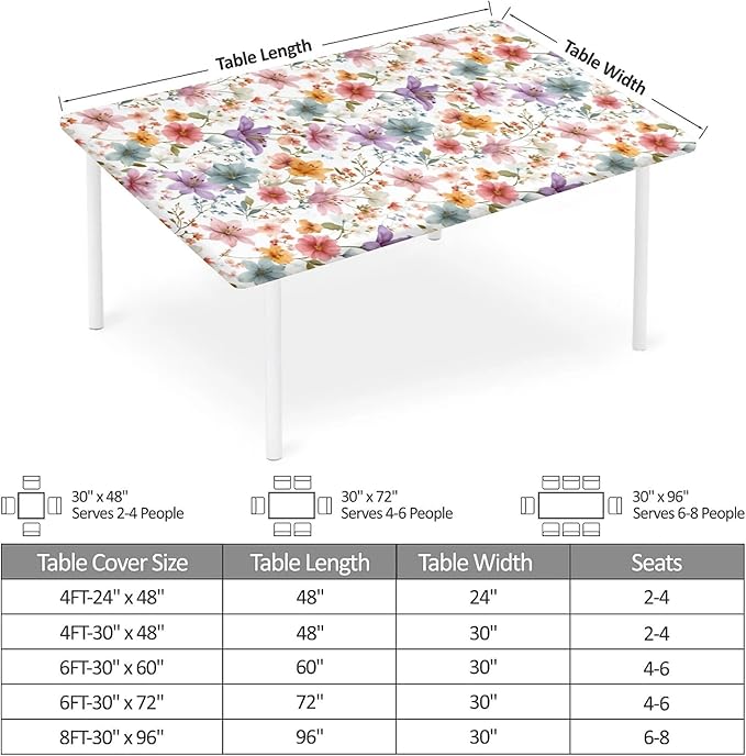 Rectangle Table Cloth Cover Waterproof Elastic Fitted Polyester Fitted Tablecloths for 6 Foot Tables for Indoor,Picnic, Camping, Outdoor （60" x 30"，Flower）