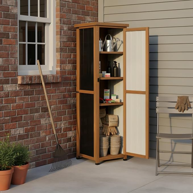 PetsCosset 62" H Narrow Outdoor Storage Cabinet with Metal Top, Outdoor Indoor Storage Cabinet Waterproof with Adjustable Shelves for Corner, Patio, Garden, Porch, Laundry Room or Entryway Storage