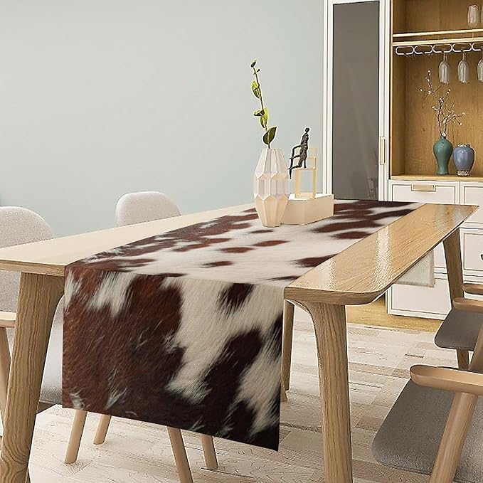 Cow Print Table Runner, Western White Brown Cowhide Rustic Coffee Table Runner for Home Kitchen Dining Room Farmhouse 13x108in