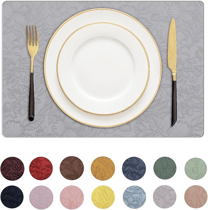 Romanstile Vinyl Placemats Set of 8-12 X 18 Inch - Heat Resistant Non-Slip Embossed Floral Place Mats 100% Waterproof Oilproof Wipeable Faux Leather Table Mats for Kitchen/Dining/Party, Grey