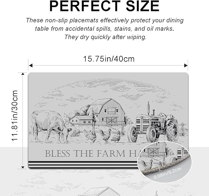 Farm Placemats Set of 4 - Farmhouse Heat Resistant Placemats for Dinner Table, Non-Slip Waterproof Oil-Proof Washable Reusable Placemat for Indoor Outdoor Kitchen Decor, 15.75In*11.81In