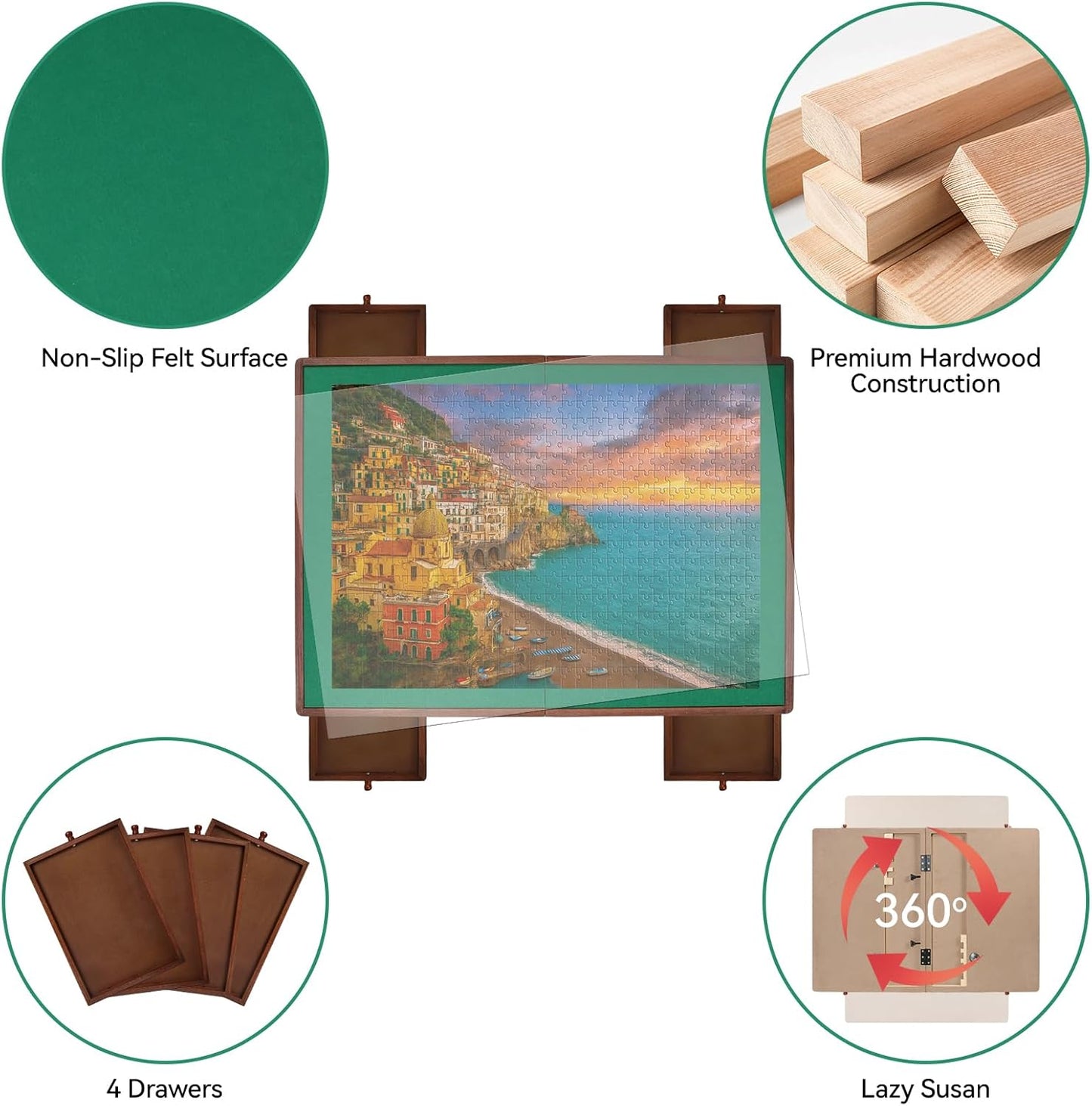 1000 Pieces Rotating Puzzle Board with Drawers and Cover, 28.1"x20.3" Portable Wooden Jigsaw Puzzle Table for Adults and Teens, Puzzle Board with Lazy Susan & Felt, Christmas Birthday Gift