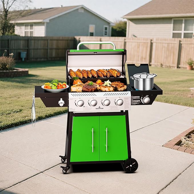 4-Burner Propane Gas BBQ Grill with Side Burner, 50,000 BTU Output Barbecue Grill with Stainless Steel Grates and Side Tables for Outdoor Cooking Kitchen, Patio and Backyard, Green