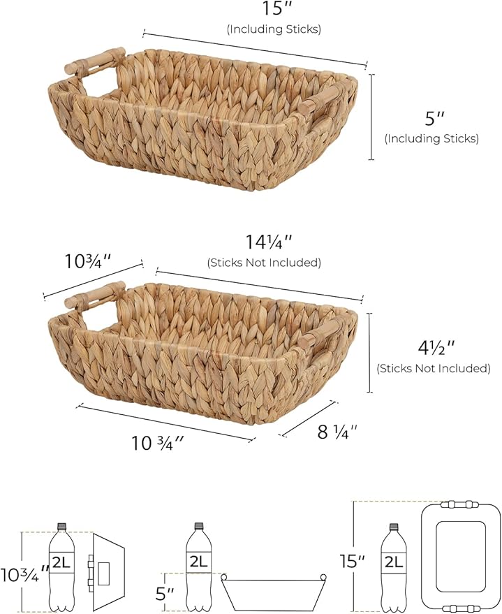 StorageWorks Hand-Woven Large Storage Baskets with Wooden Handles, Water Hyacinth Wicker Baskets for Organizing, 2-Pack