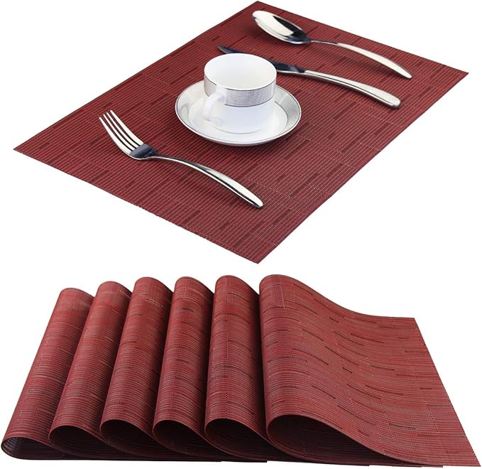 Plastic Placemats,Non Slip Washable Placemats for Dining Table Wipe Clean Table Mats Set of 6(Burgundy Red)
