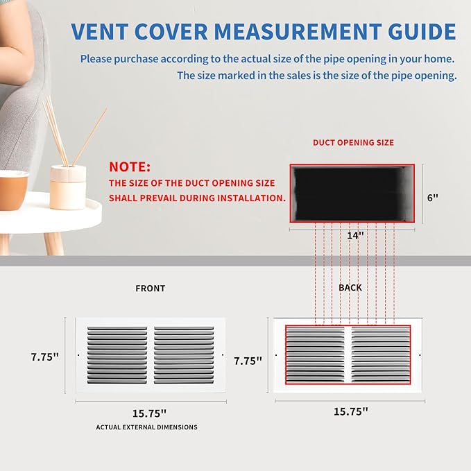 14x6 Vent Cover (Duct Opening Size), Air Return Vent Cover, AC Vent Cover, Cold Air Return Vent Cover, Flat Return Air Grilles, Outer Dimensions:15.75"W x 7.75"H (14"W x 6"H, Duct Opening)