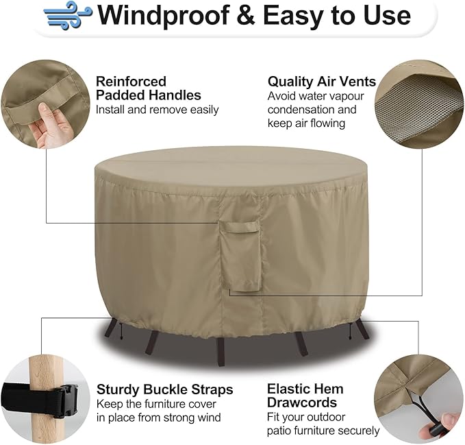 OutdoorLines Outdoor Waterproof Patio Table Furniture Set Covers - Round Couch Sectional Cover Outside Weatherproof Patio Furniture Covering for Deck, Lawn and Backyard 72" Dia x 28" H, Camel