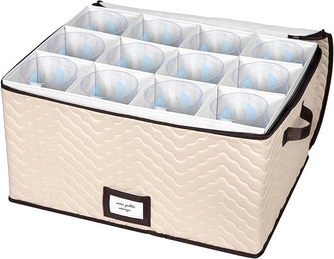 Wine Glass Storage Box with Dividers - Stemware Storage Case, Durable Quilted Microfiber Bin with Carry Handles, Protects Fine China - (1 Pack, Red Wine Glass)