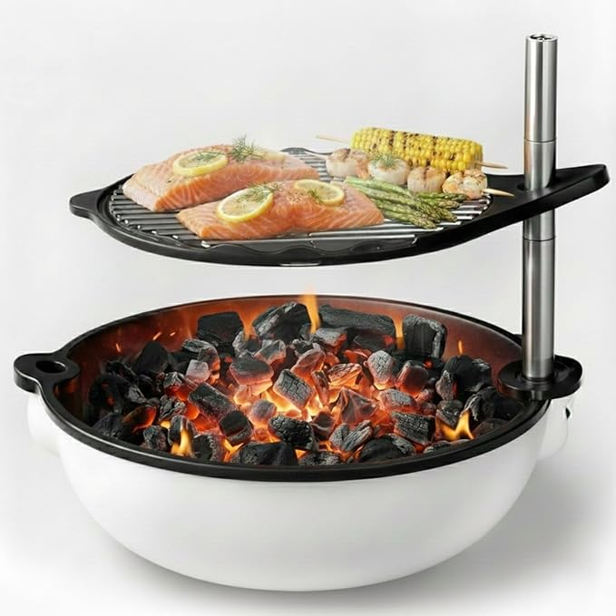 Bola Grill Traveler Portable Charcoal Grill – Small Tabletop BBQ Grill with Adjustable & Rotating Grate for Outdoor Cooking, Camping & Backyard BBQ (White)