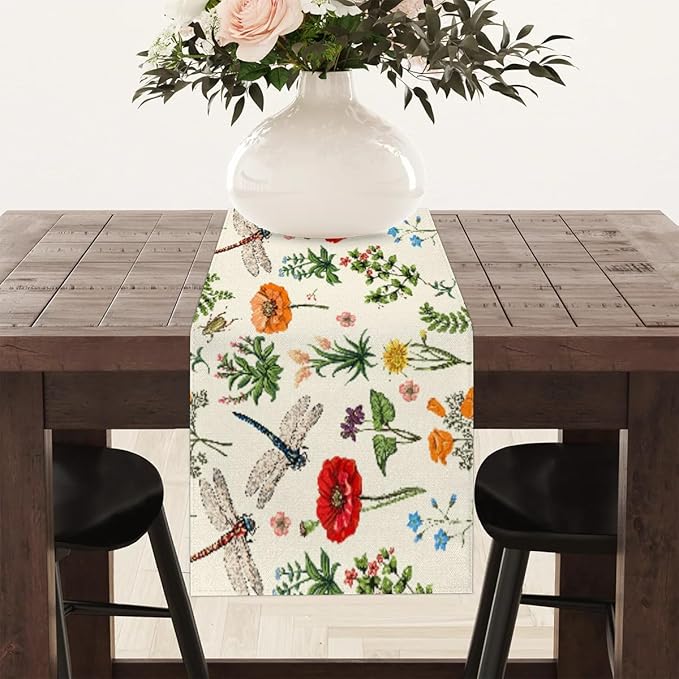 Flowers Dragonflies Table Runner Kitchen Dining Table Runner 13*60in Table Center Decor for Indoor Outdoor Home Holiday Party