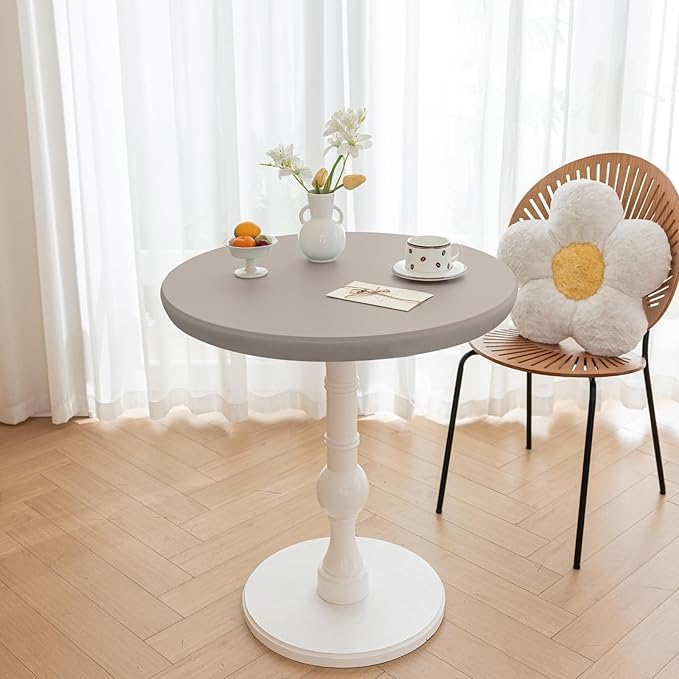 Round Fitted PU Tablecloth with High Elastic Edge 31 Inch Dia Waterproof Oil Proof Table Cloth Anti-Scald Stain-Resistant Wipeable Table Cover for Indoor Outdoor Picnic (Grey,31" Dia)