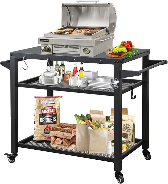 Domi 3-Tier Outdoor BBQ Grill Cart with Lockable Wheels | Portable Pizza Oven Stand & Food Prep Station | Compatible with Blackstone Griddle & Propane Tanks | All-Weather Patio Cooking Center