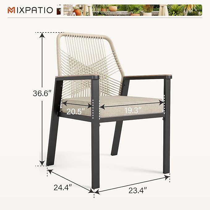 Patio Wicker Chair Sets of 2, Outdoor Dining Chairs with 3.1 inch Seat Cushions, Sturdy Metal Frame & Wood Grain Armrest, Patio Dining Chairs for Porch Backyard, Beige