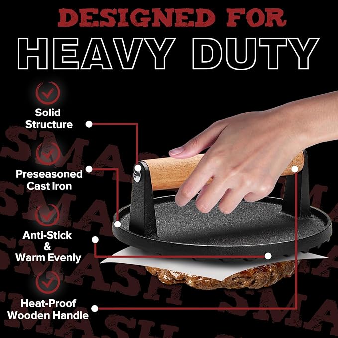 Smash Burger Press kit, Heavy-Duty Cast Iron Round Grill Bacon Press with Wood Handle, 3 in 1 Hamburger Press Patty Maker Tools, Cleaning Pad Set for Blackstone Griddle Flat Top Cooking