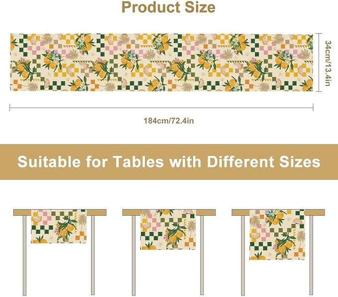 Tropical Summer Fruit Table Runner, Orange Square Grid Lemon Beach Ocean Table Runner for Kitchen Dining Party Holiday Home 13x108in