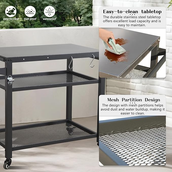 Domi 3-Tier Outdoor BBQ Grill Cart with Lockable Wheels | Portable Pizza Oven Stand & Food Prep Station | Compatible with Blackstone Griddle & Propane Tanks | All-Weather Patio Cooking Center
