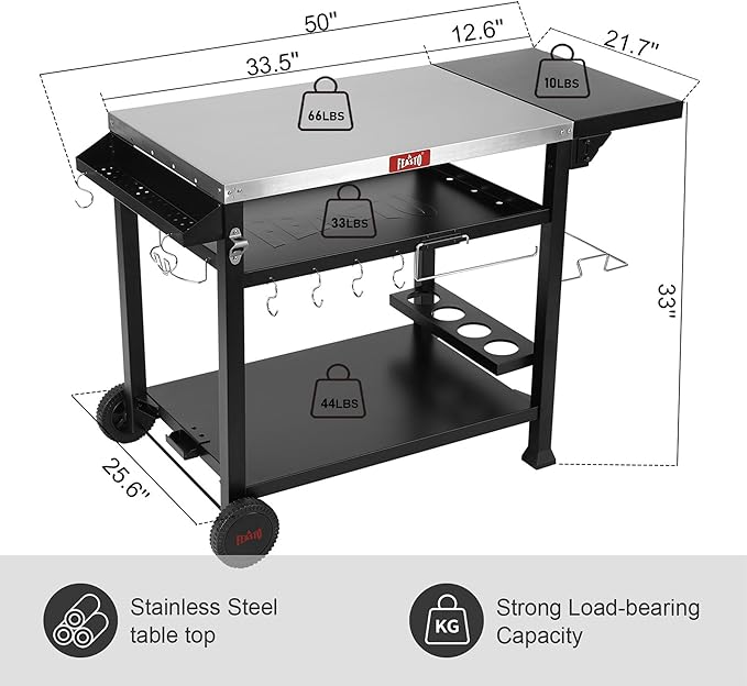 Outdoor Grill Table Cart, Pizza Oven Stand for Outdoor Indoor, 40" x 26" Stainless Steel Tabletop Dining BBQ Grill with Wheels for Food Prep, 3-Shelf Kitchen Cart with Cover