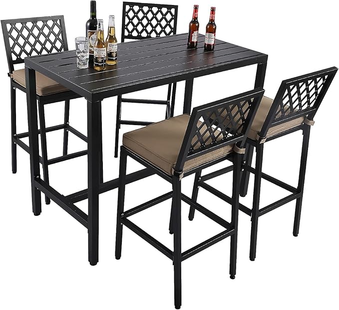 5-Piece Outdoor Patio Bar Set, Bar Height Patio Dining Set, Weather-Resistant Bistro Counter Pub Set with Cushions & Slatted Tabletop for Backyard, Garden, Yard