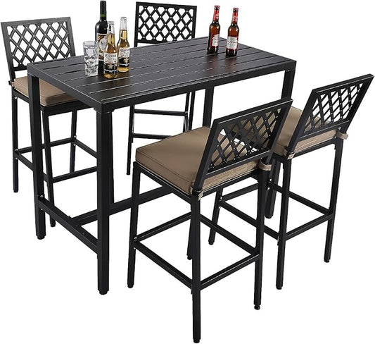 5-Piece Outdoor Patio Bar Set, Bar Height Patio Dining Set, Weather-Resistant Bistro Counter Pub Set with Cushions & Slatted Tabletop for Backyard, Garden, Yard